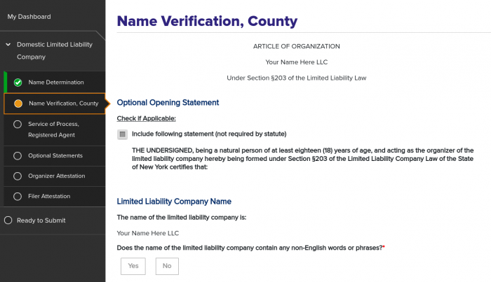 New York LLC Articles - Name Verification and County
