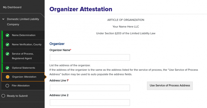 New York LLC Articles - Organizer Attestation