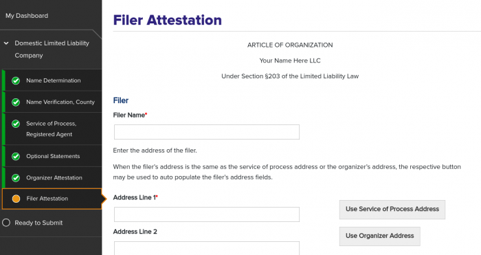 New York LLC Articles - Filer Attestation