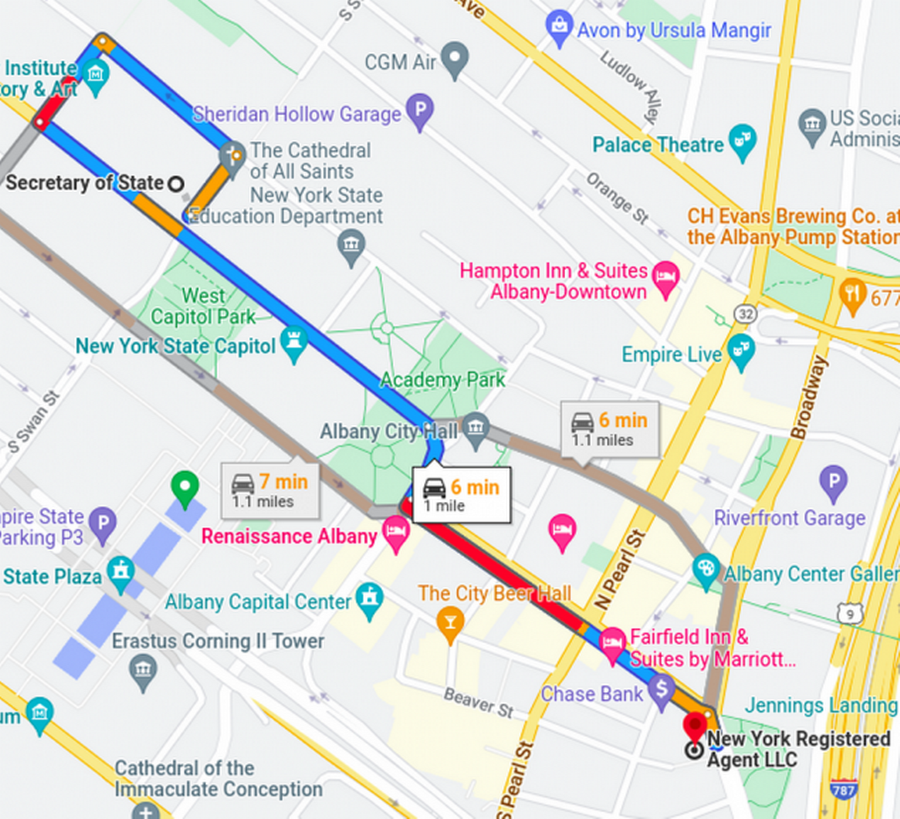 Map showing our New York Registered Agent Office only 6 minutes from the Secretary of State Office.