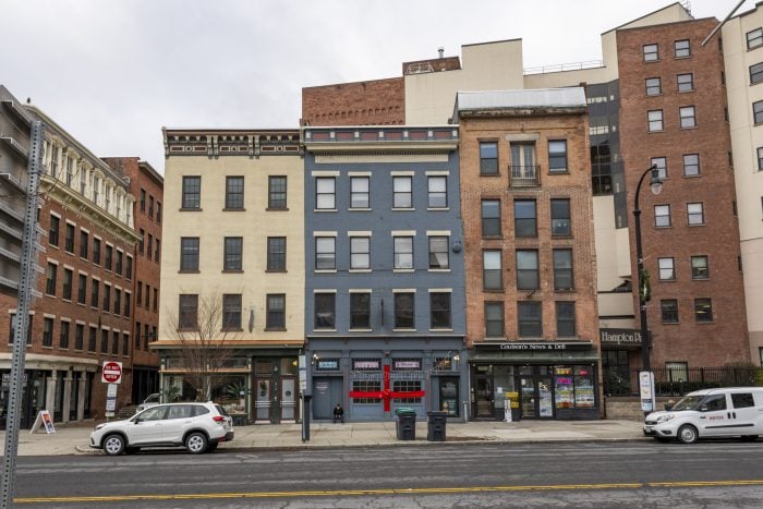 A row of buildings in Albany, NY, including the offices of New York Registered Agent.